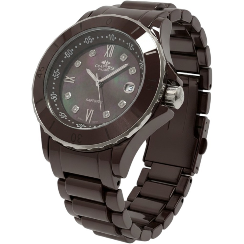 Oniss Paris Womens Watch Chocolate Ceramic Gemmed Date Sapphire Crystal